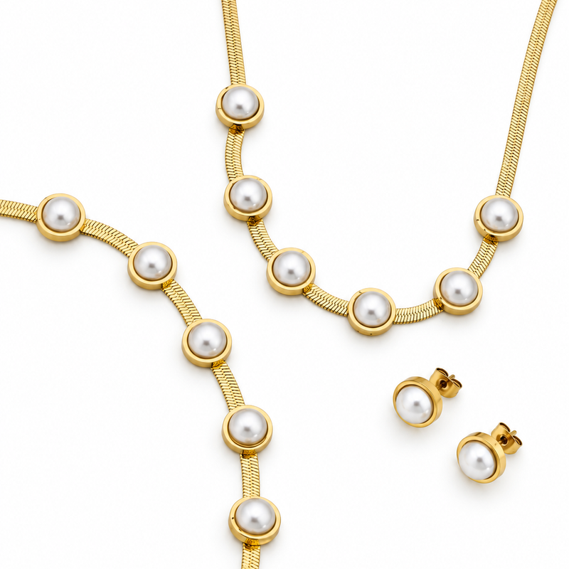 Pearl Station Herringbone Set - 18K Gold Plated Stainless Steel Jewelry