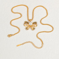 Pearl Centre Gold Bow Pendant Necklace - view 4