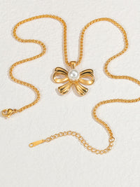 Pearl Centre Gold Bow Pendant Necklace - view 3