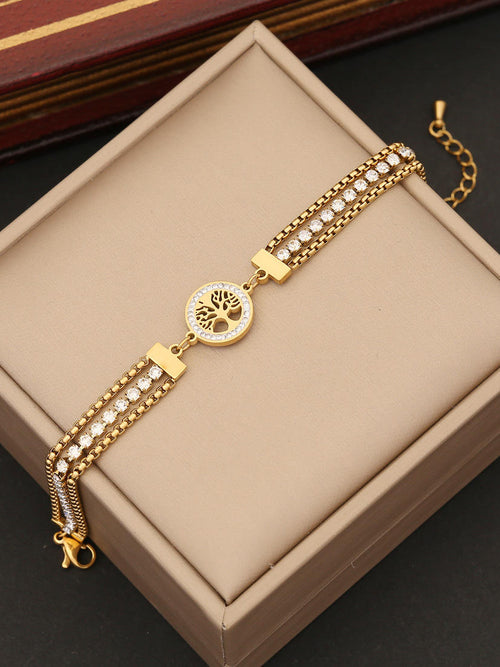 Tree of Life Crystal Double Chain Bracelet - 18K gold-plated stainless steel jewelry