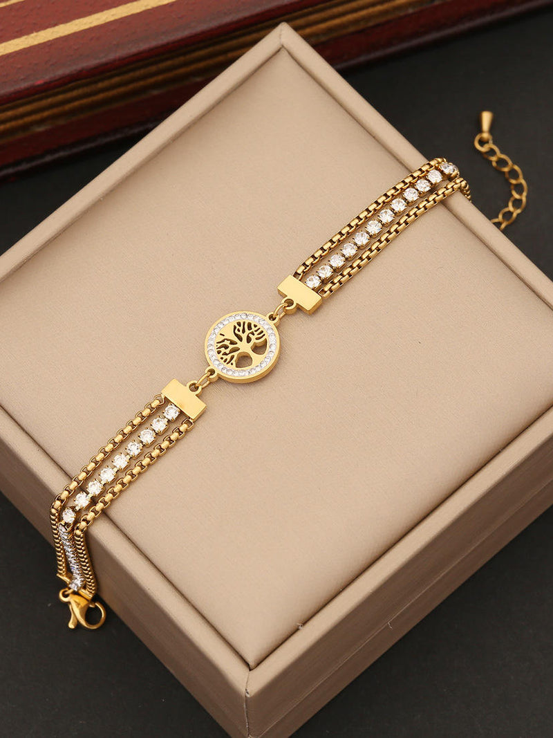 Tree of Life Crystal Double Chain Bracelet - 18K Gold Plated Stainless Steel Jewelry