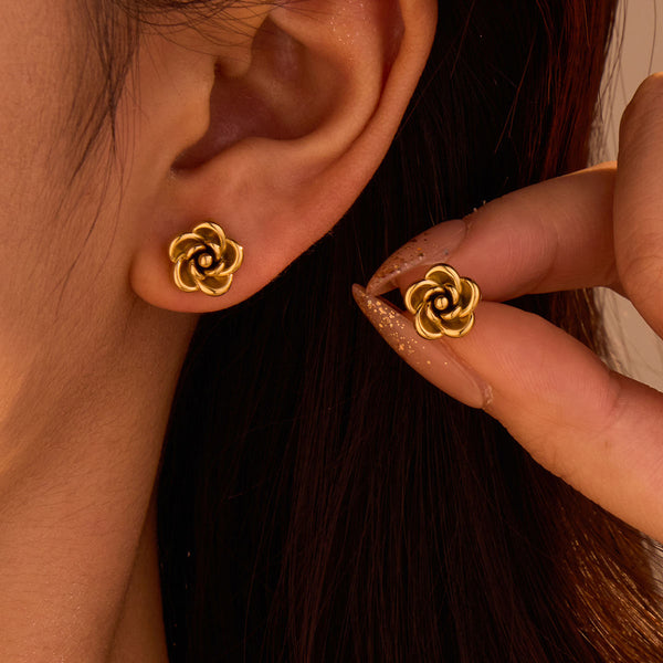 Gold Rose Flower Stud Earrings