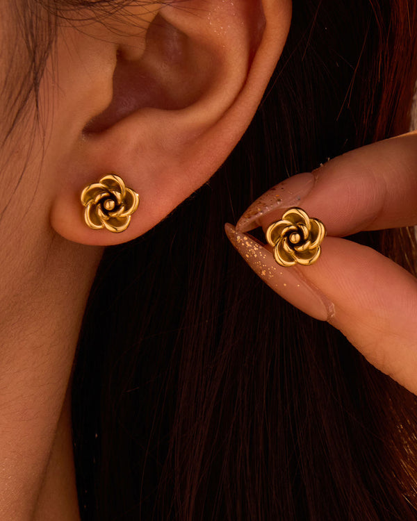 Gold Rose Flower Stud Earrings