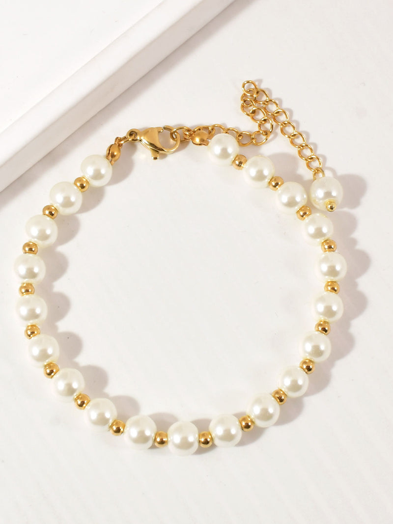 Pearl & Gold Bead Bracelet - 18K Gold Plated Stainless Steel Jewelry