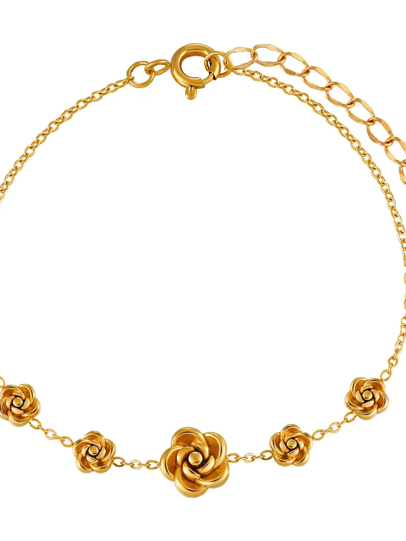 Gold Rose Flower Station Bracelet - 18K Gold Plated Stainless Steel Jewelry