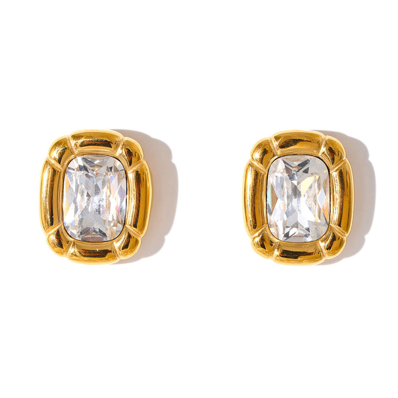 Cushion Crystal Stud Earrings - 18K Gold Plated Stainless Steel Jewelry