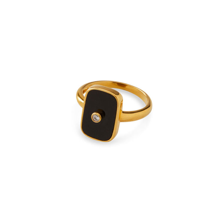 Black Enamel Signet Ring - 18K Gold Plated Stainless Steel Jewelry