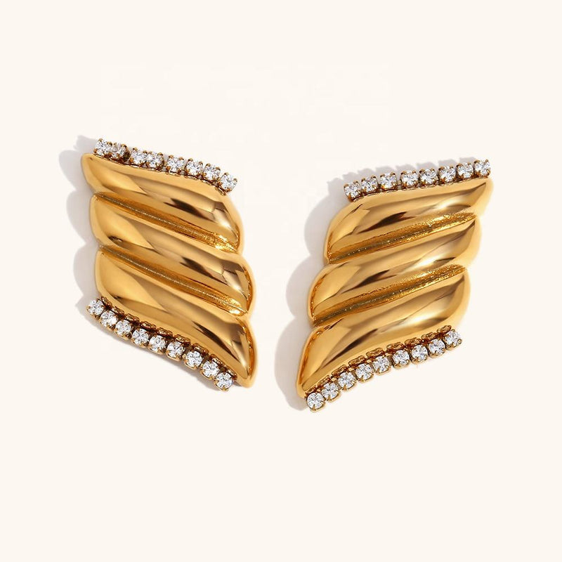Twisted Ribbed Crystal Edge Stud Earrings - 18K Gold Plated Stainless Steel Jewelry