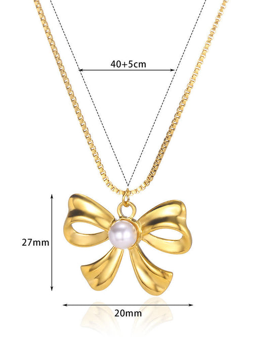 Pearl Centre Gold Bow Pendant Necklace - 18K gold-plated stainless steel jewelry