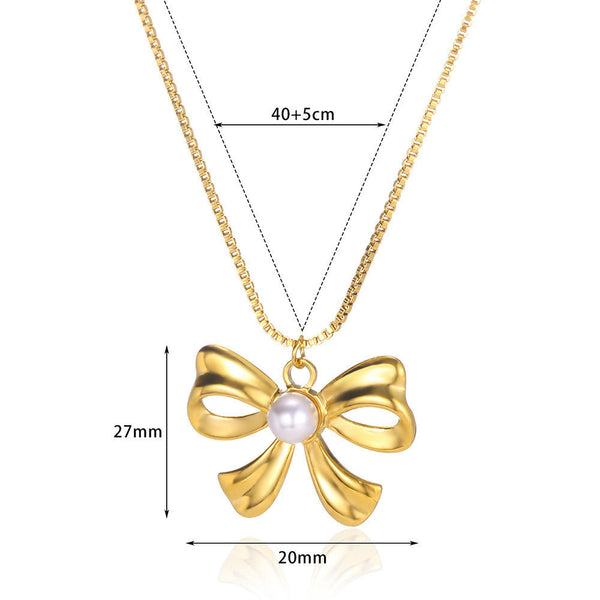 Pearl Centre Gold Bow Pendant Necklace
