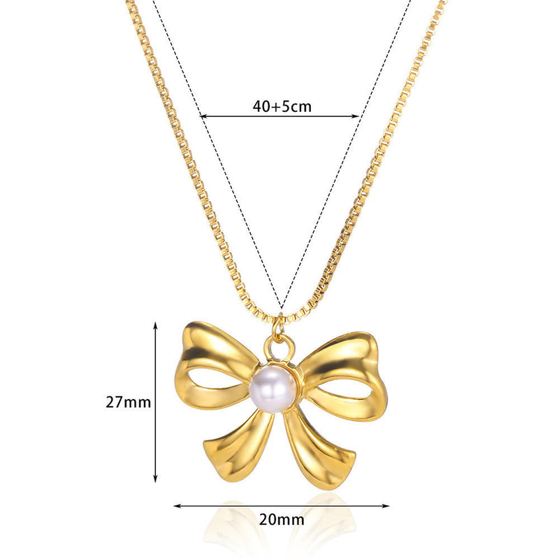 Pearl Centre Gold Bow Pendant Necklace - 18K Gold Plated Stainless Steel Jewelry