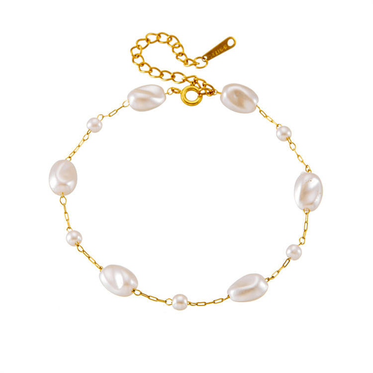 Baroque Pearl Station Paperclip Chain Bracelet - 18K Gold Plated Stainless Steel Jewelry