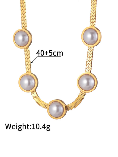 Pearl Station Herringbone Necklace - 18K gold-plated stainless steel jewelry