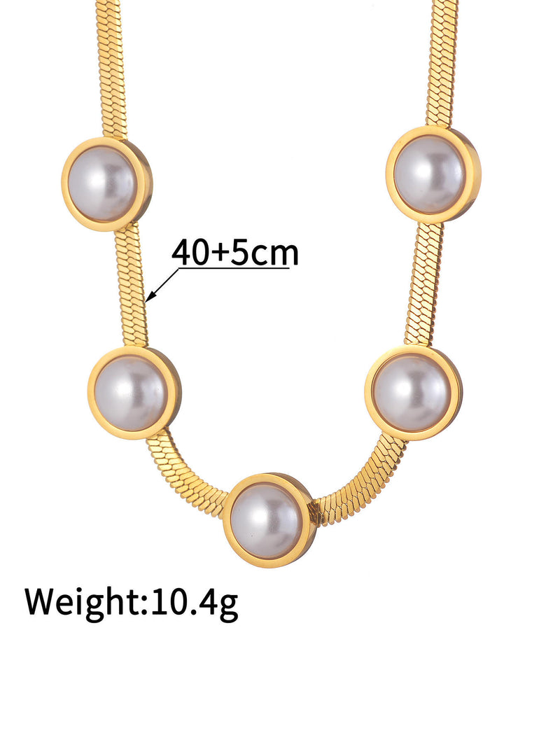 Pearl Station Herringbone Necklace - 18K Gold Plated Stainless Steel Jewelry