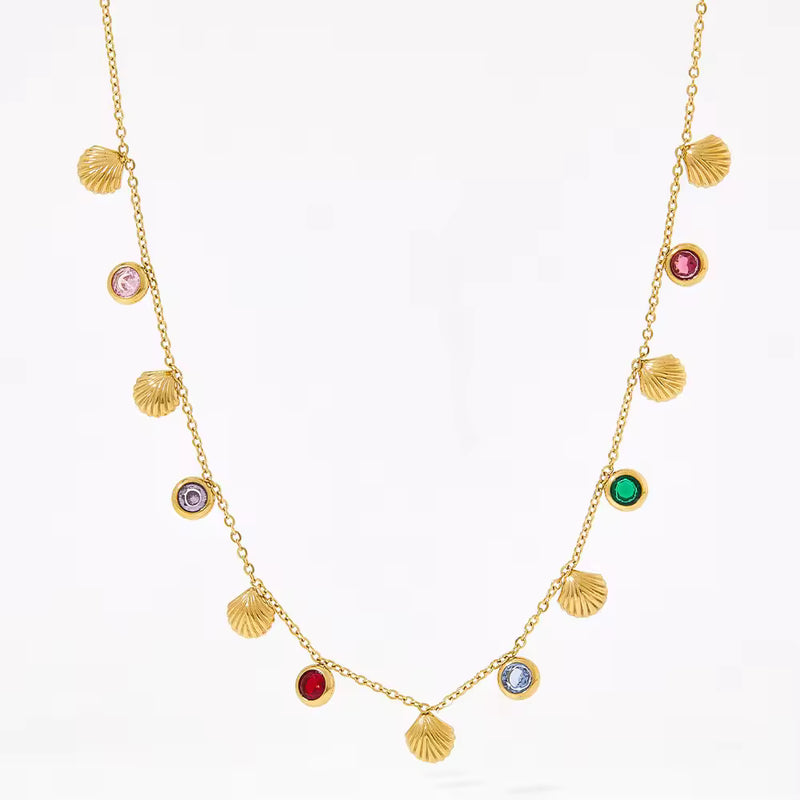 Rainbow Shell & Crystal Charm Necklace - 18K Gold Plated Stainless Steel Jewelry