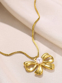 Pearl Centre Gold Bow Pendant Necklace - view 4