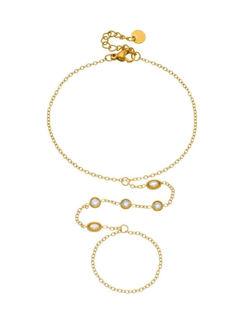 Mixed Bezel Crystal Hand Chain Ringlet - 18K Gold Plated Stainless Steel Jewelry