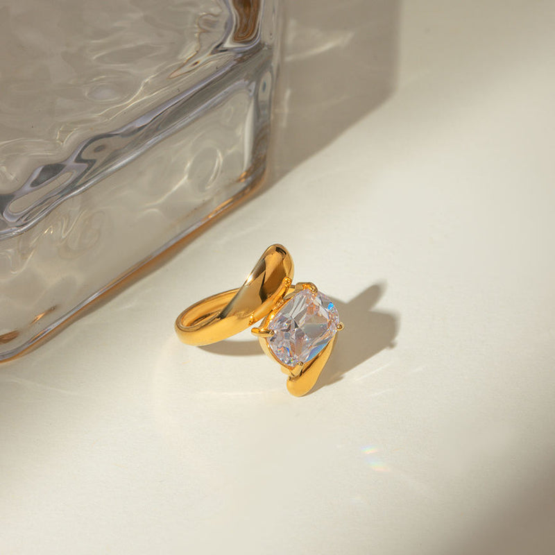 Crystal Solitaire Open Ring - 18K Gold Plated Stainless Steel Jewelry