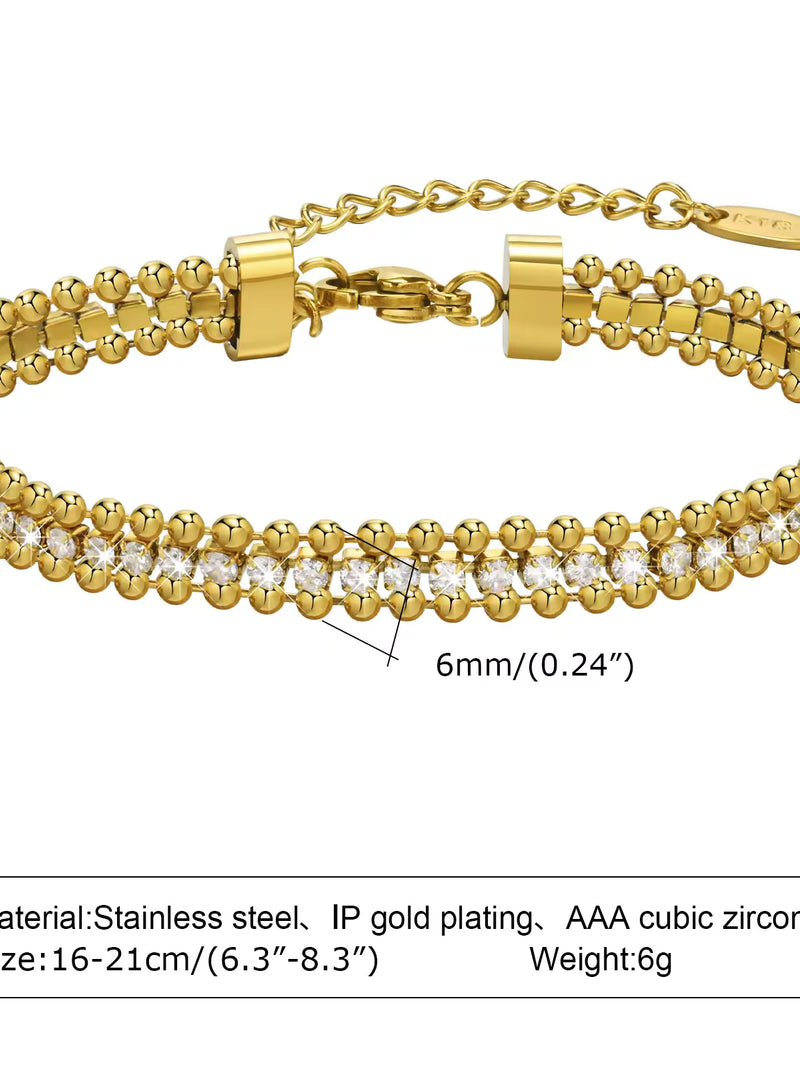 Triple Layer Crystal Tennis & Bead Chain Bracelet - 18K Gold Plated Stainless Steel Jewelry