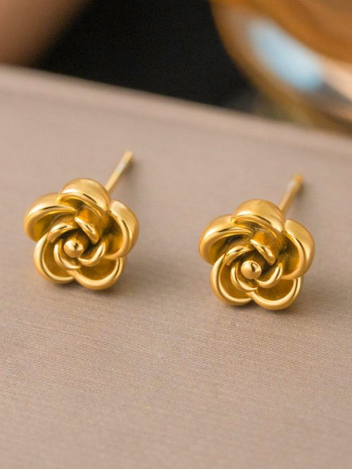 Gold Rose Flower Stud Earrings - 18K gold-plated stainless steel jewelry