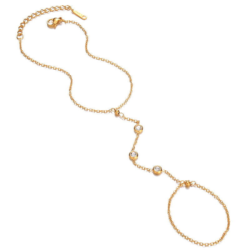 Crystal Station Hand Chain Ringlet - 18K Gold Plated Stainless Steel Jewelry