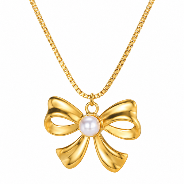 Pearl Centre Gold Bow Pendant Necklace