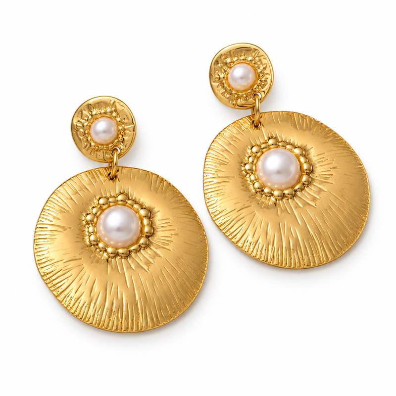 Sunburst Pearl Drop Earrings - 18K Gold Plated Stainless Steel Jewelry