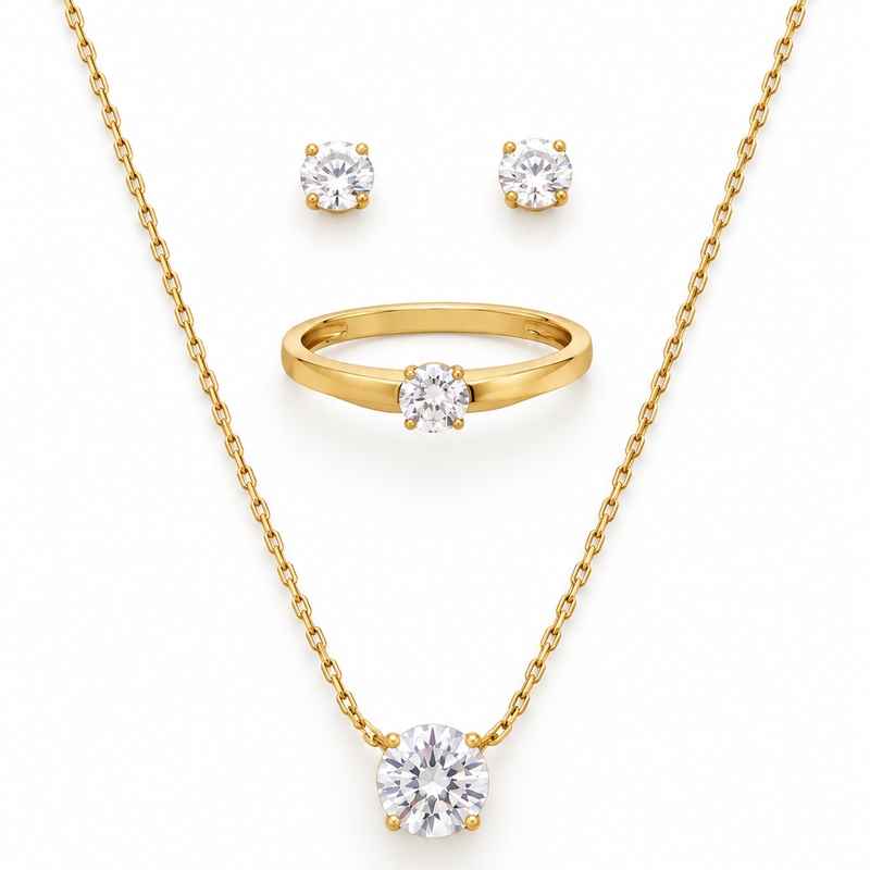Eternal Sparkle 3-Piece Set — Necklace, Studs & Ring - 18K Gold Plated Stainless Steel Jewelry