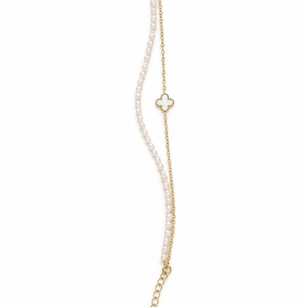 Pearl Strand & Gold Clover Charm Double Layer Bracelet
