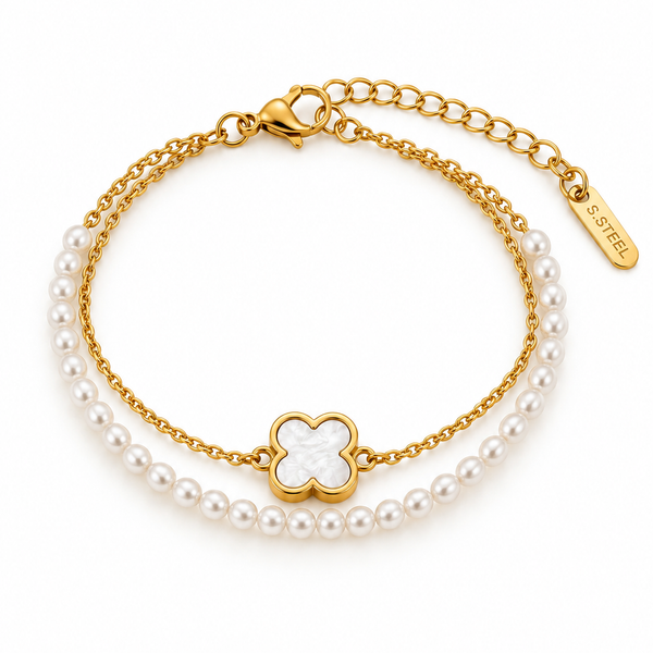 Pearl Strand & Gold Clover Charm Double Layer Bracelet