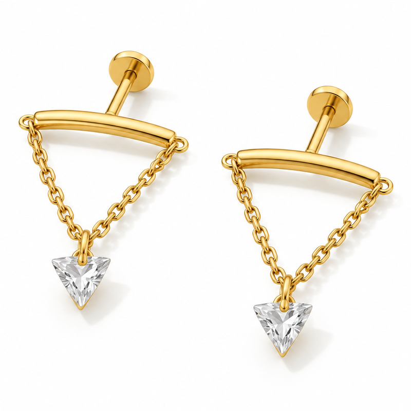 Triangle Crystal Draped Bar Studs - 18K Gold Plated Stainless Steel Jewelry