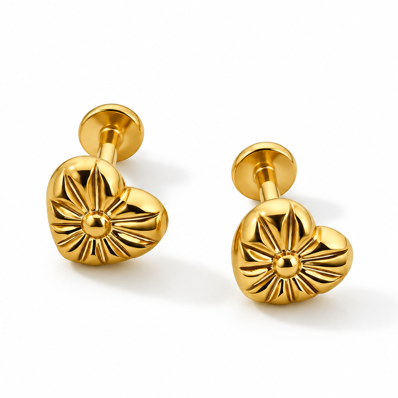 Heart Flower Stud Earrings - 18K Gold Plated Stainless Steel Jewelry