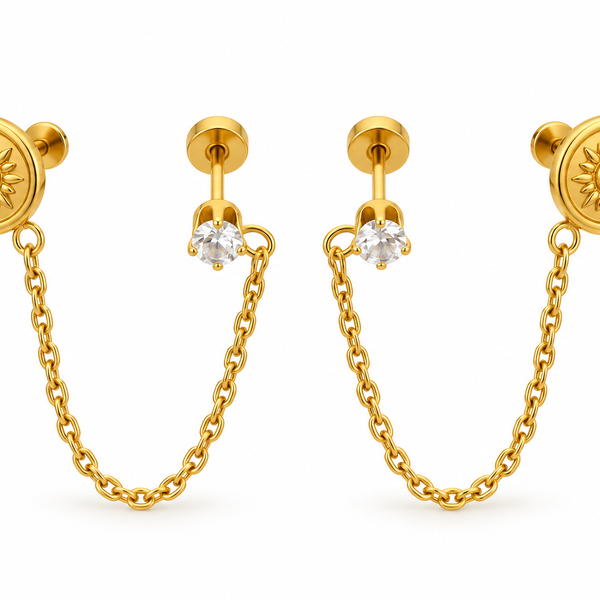 Sun Medallion Chained Stud Set