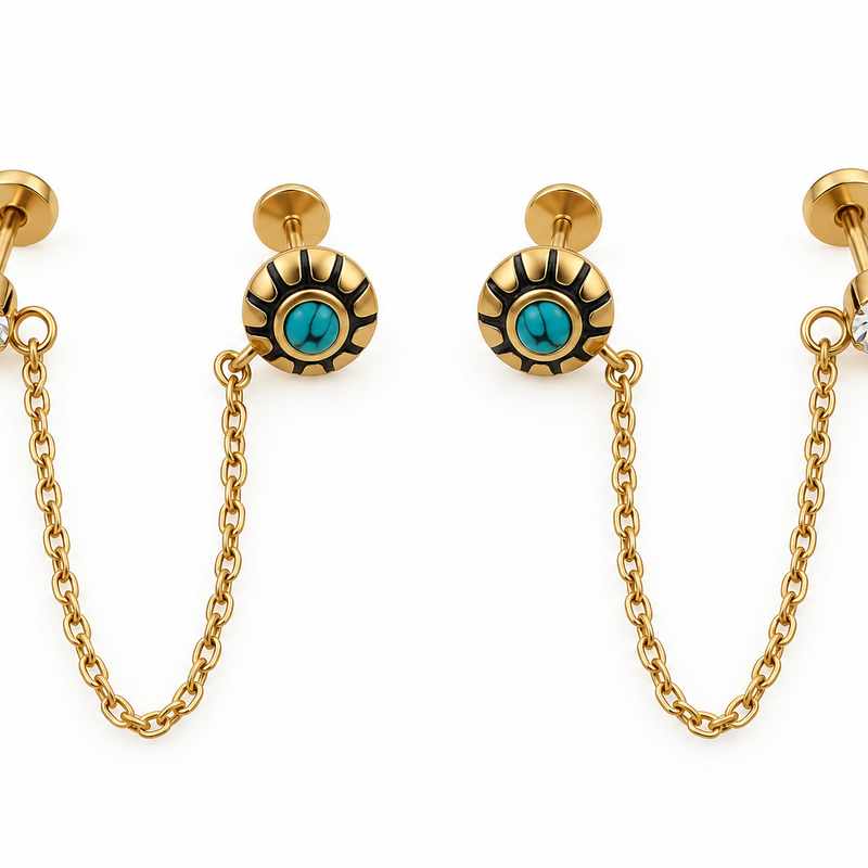Turquoise Eye Chained Stud Set - 18K Gold Plated Stainless Steel Jewelry