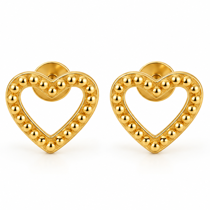 Beaded Heart Stud Earrings - 18K Gold Plated Stainless Steel Jewelry