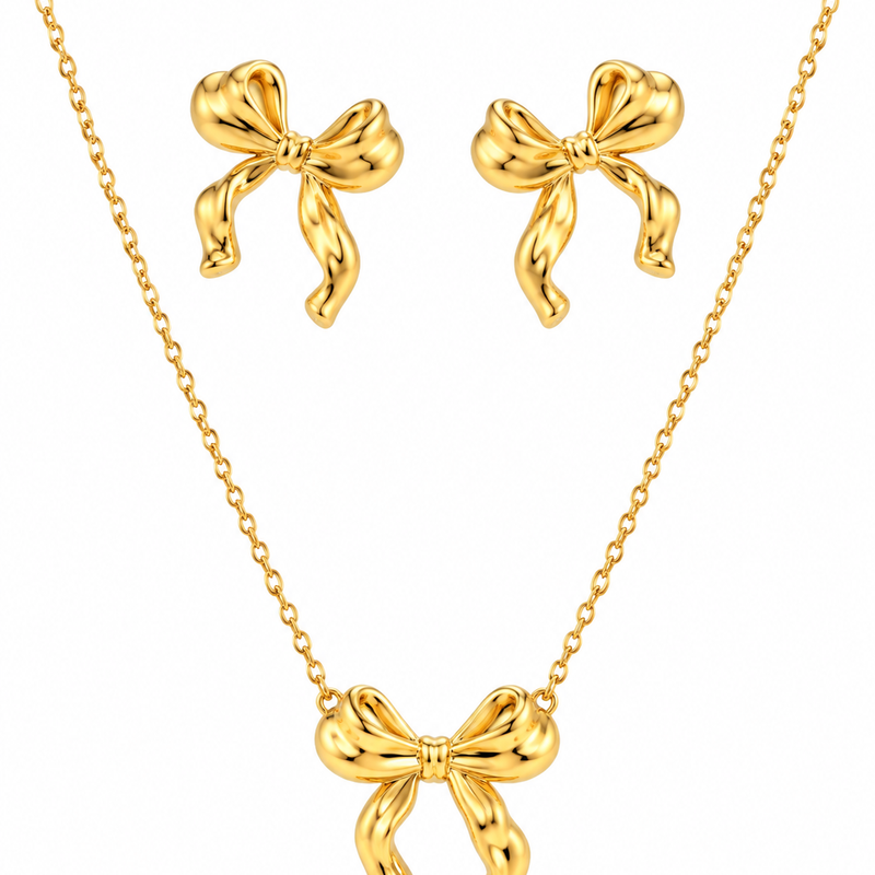 Bow Necklace & Earrings Set | 18K Gold Plated - 18K Gold Plated Stainless Steel Jewelry