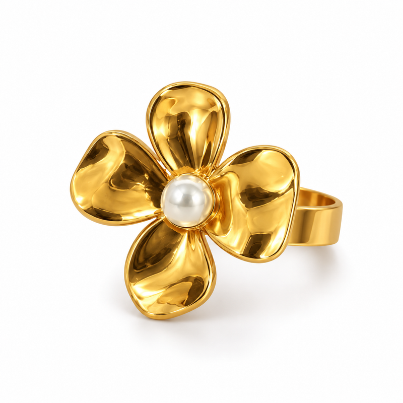 Gold Bloom Pearl Flower Ring – Adjustable - 18K Gold Plated Stainless Steel Jewelry