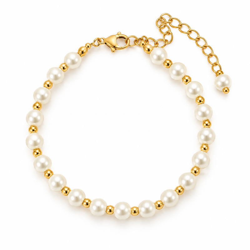 Pearl & Gold Bead Bracelet - 18K Gold Plated Stainless Steel Jewelry