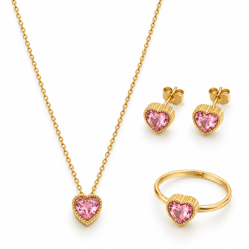 Crystal Heart Jewelry Set — Pink - 18K Gold Plated Stainless Steel Jewelry