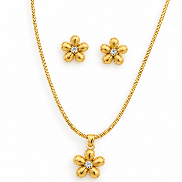 Gold Daisy Flower Necklace & Earrings Set