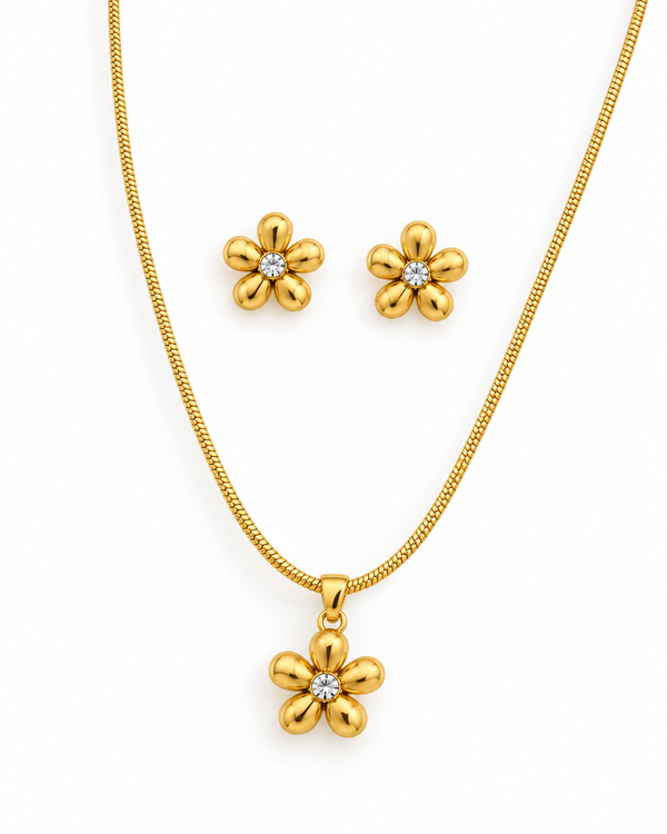 Gold Daisy Flower Necklace & Earrings Set
