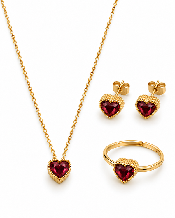 Crystal Heart Jewelry Set — Ruby Red