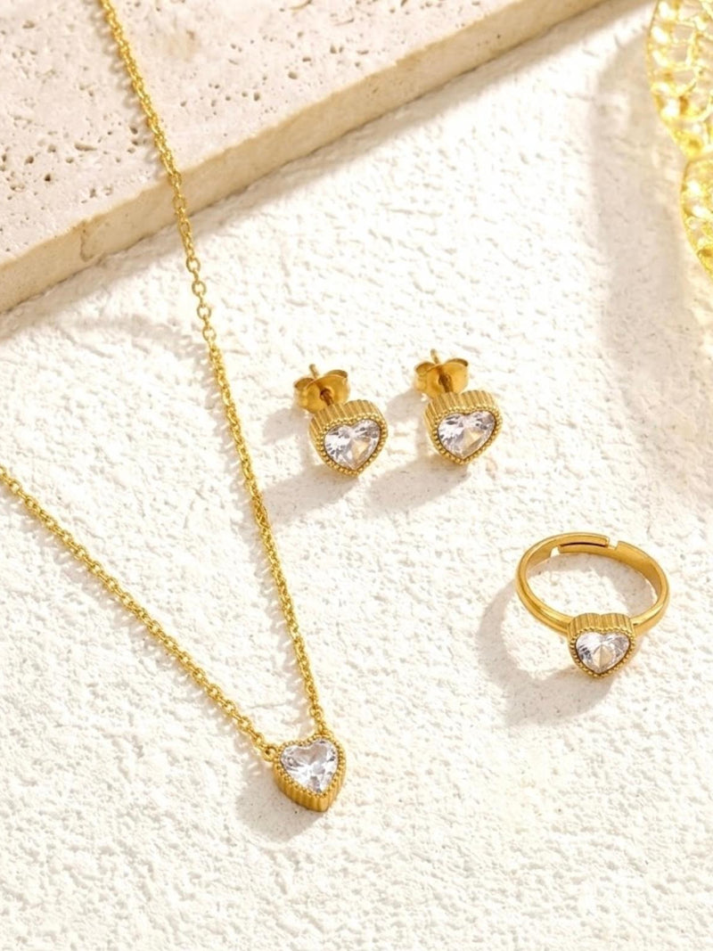 Crystal Heart Jewelry Set - 18K Gold Plated Stainless Steel Jewelry