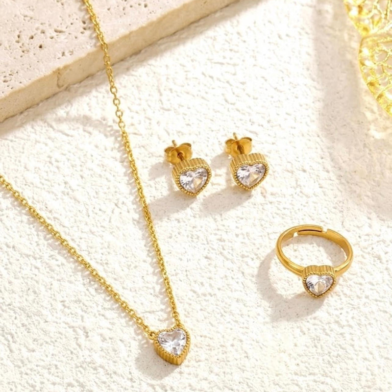 Crystal Heart Jewelry Set - 18K Gold Plated Stainless Steel Jewelry