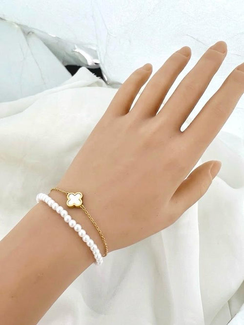 Pearl Strand & Gold Clover Charm Double Layer Bracelet - 18K gold-plated stainless steel jewelry
