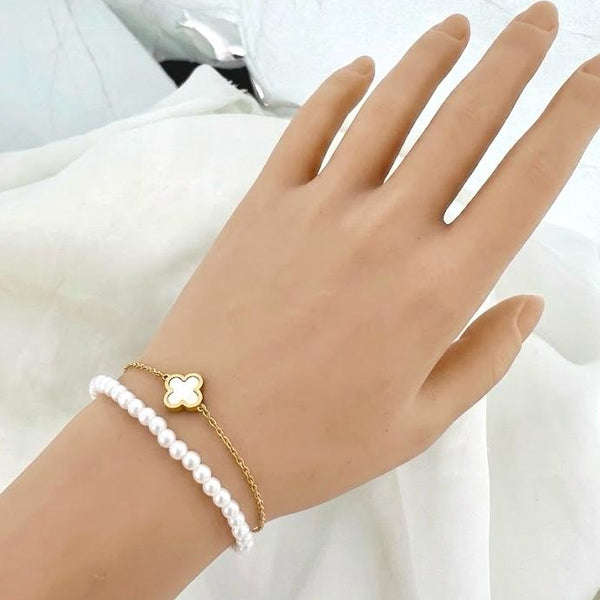 Pearl Strand & Gold Clover Charm Double Layer Bracelet
