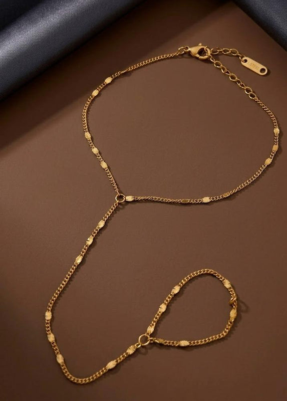 Gold Disc Station Hand Chain Ringlet - 18K Gold Plated Stainless Steel Jewelry