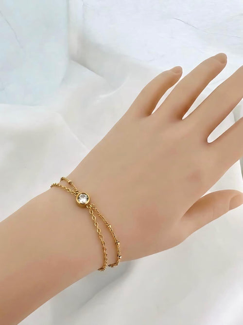 Double Chain Single Bezel Crystal Bracelet - 18K gold-plated stainless steel jewelry