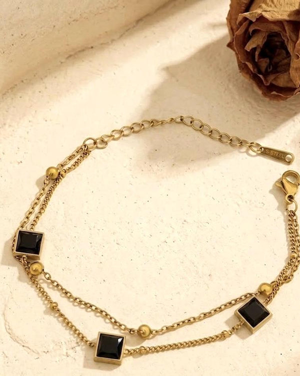 Double Layer Square Crystal Station Bracelet — Black