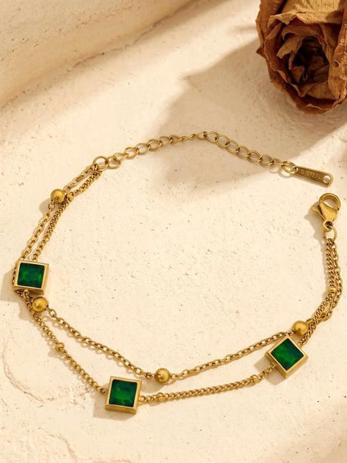 Double Layer Square Crystal Station Bracelet - 18K gold-plated stainless steel jewelry